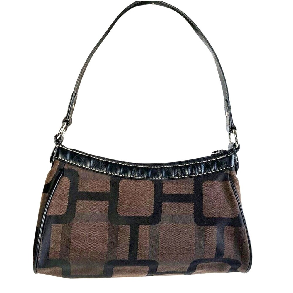 Nine‎ West Baguette Shoulder Bag Brown Black Geometric Canvas Patent Trim